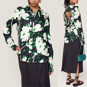 MONSE Floral Top Women 2 Open Back Cowl Blouse Navy Green Silk Button Up $890